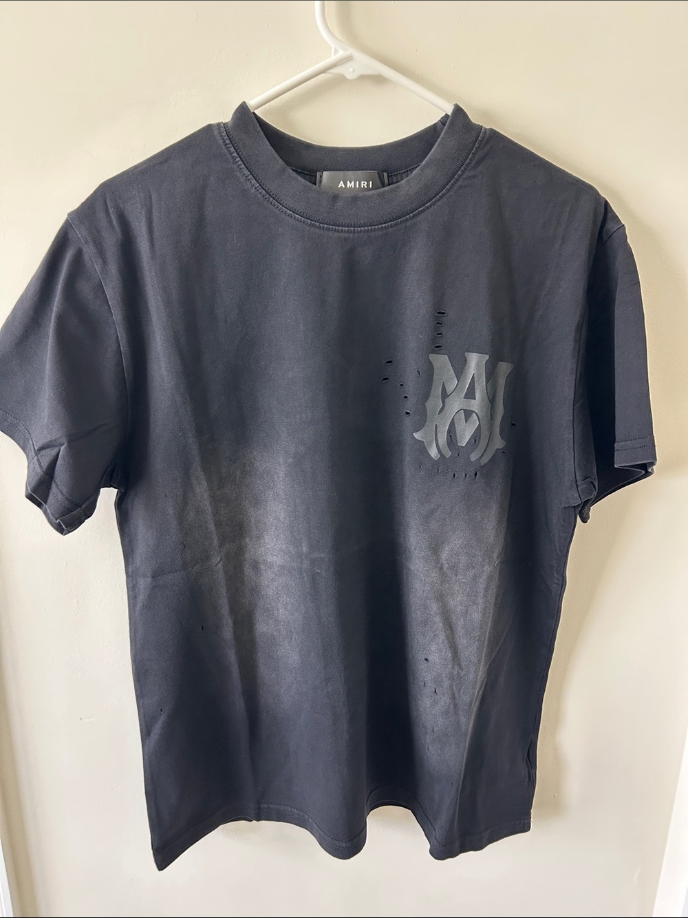 AMIRI Black Distressed Monogram Short-Sleeve Tee